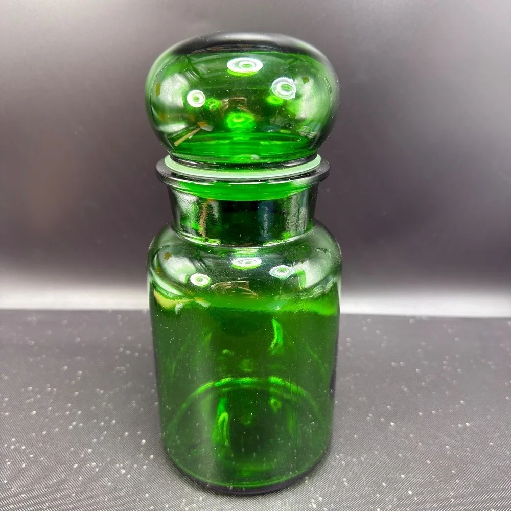 Vintage Emerald Green Glass Apothecary Jar Bubble Lid Made in Belgium 8.5